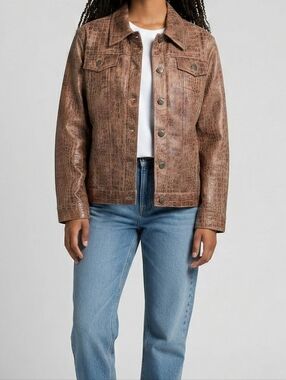 Womens Croc-Print Button Front Jacket in Brown